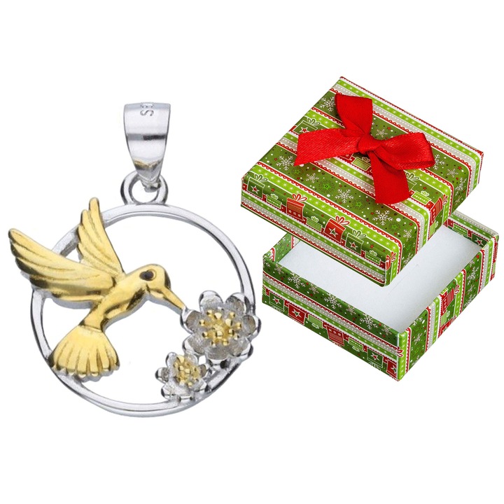Pandantiv argintie cu colibri, Siju, rodie si aurita, 23x19mm, set cu cutie de cadou