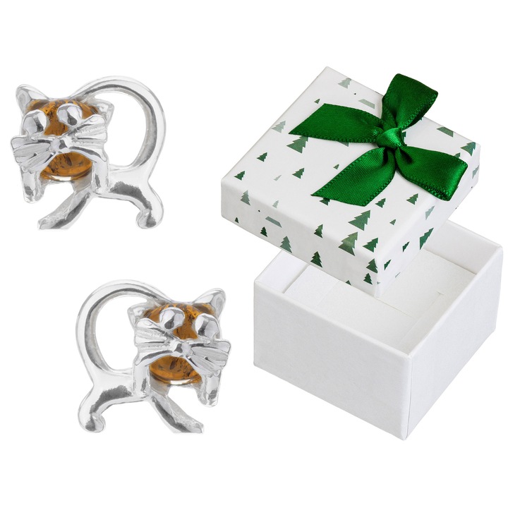 Cercei Siju din argint 925 cu chihlimbar, forma pisici, set cu cutie cadou, 10x10mm