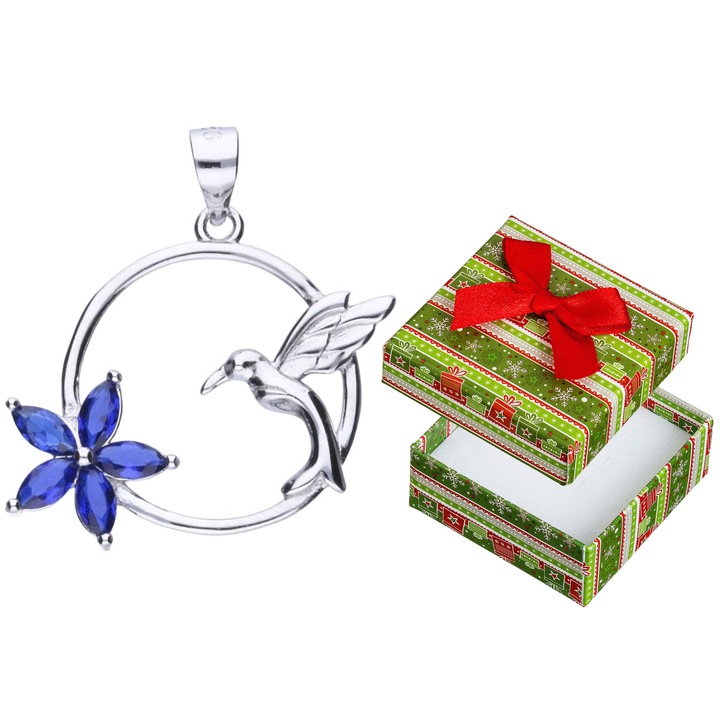 Pandantiv din argint cu pietre, Siju, colibri si floare, argint rodiat, 28x24mm, set cu cutie de cadou