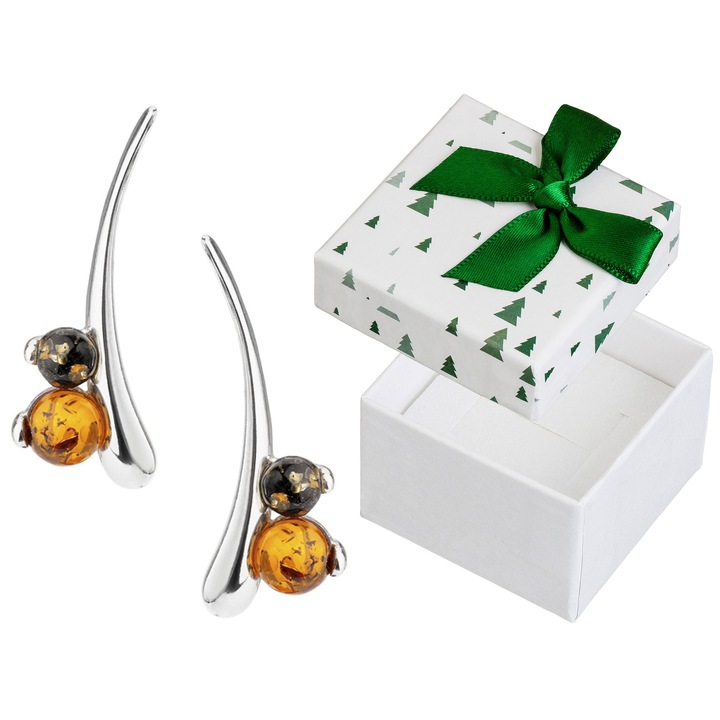 Cercei din argint 925 cu chihlimbar, set cu cutie de cadou, 20x8mm, Siju