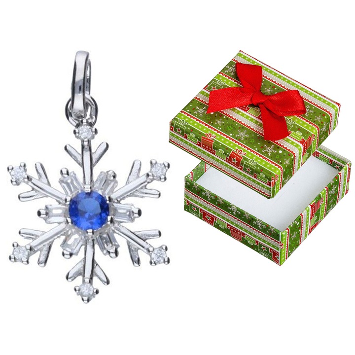 Pandantiv argintiu in forma de fulg de zapada cu zirconii, Siju, set cu cutie de cadou, 23x14mm