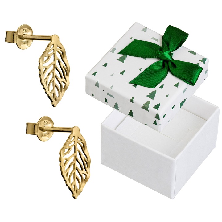 Cercei argintii aurii in forma de frunze, Siju, set cu cutie cadou, 13x7mm