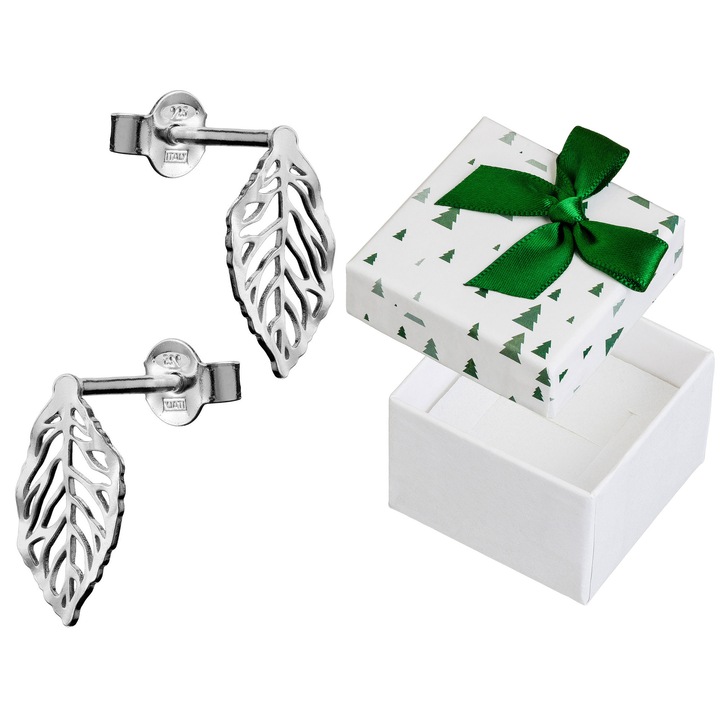 Cercei argintii azurati in forma de frunze, Siju, 925, hipoalergenici, 13x7mm, set cu cutie cadou