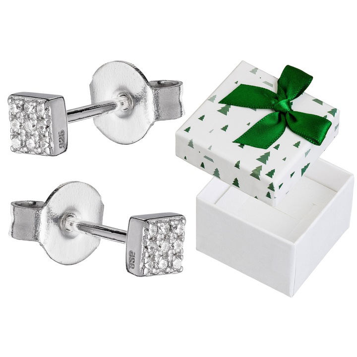 Cercei argintii cu zirconii, Siju, rodinati, set cu cutie de cadou, 4x4mm
