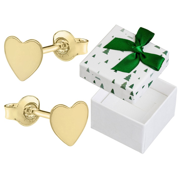 Cercei din argint 925 placati cu aur, forma inimioara, set cu cutie cadou, 11x5mm