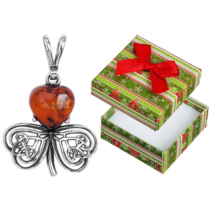 Pandantiv argintiu oxigenat cu chihlimbar, model trifoi, 33x23mm, set cu cutie de cadou, Siju