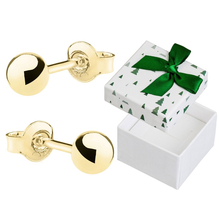 Cercei argintii cu bilute de 4mm, Siju, set cu cutie cadou, hipoalergenici, pozlaciti cu aur de 24k