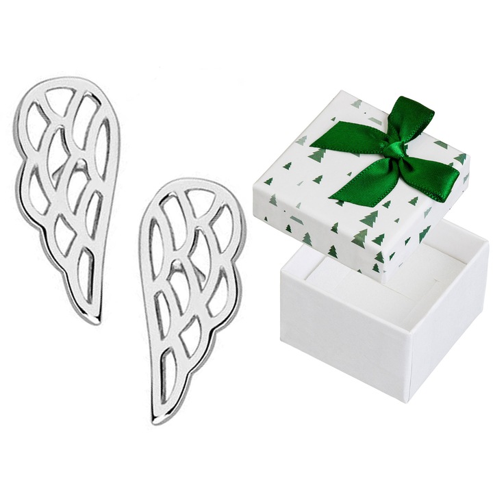 Cercei Siju argint 925 cu forma de aripi, rodinati, set cu cutie cadou, 6,5x14,5mm