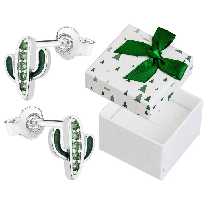 Cercei argintii cu cactusi si zirconii verzi, rodinati, set cu cutie cadou, 7,5x6mm