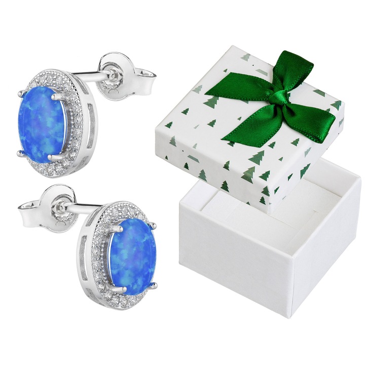 Cercei din argint 925 cu opal sintetic albastru si zirconii, set cu cutie cadou