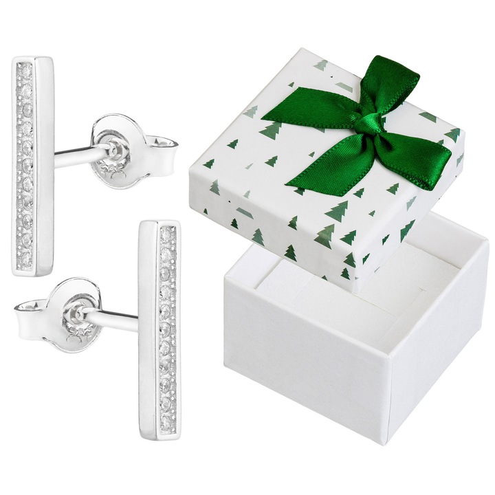 Cercei argintii cu zirconiu, Siju, rodinati, 15x2,5mm, set cu cutie de cadou