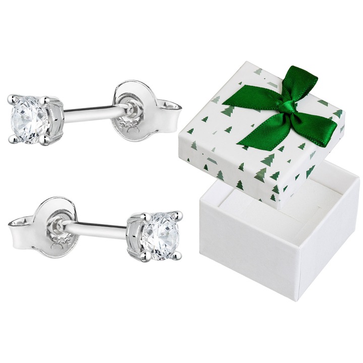 Cercei din argint cu zirconii, Siju, 3mm, set cu cutie cadou