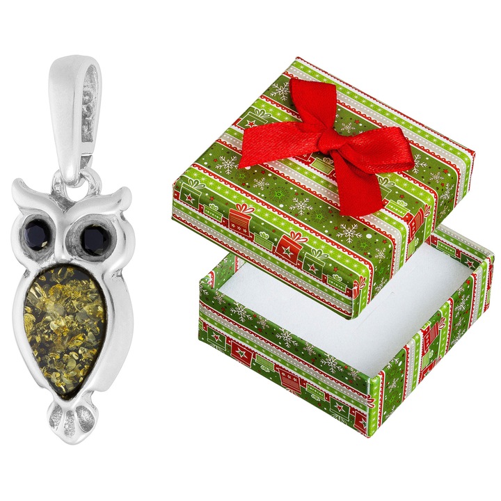 Pandantiv argintiu in forma de bufnita cu chihlimbar verde si cristale, set cu cutie de cadou, Siju, 24x18mm