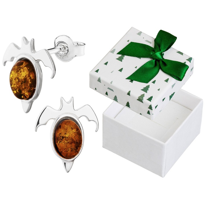 Cercei argintii cu forma de lilieci, Siju, cu ambra baltica, set cu cutie cadou