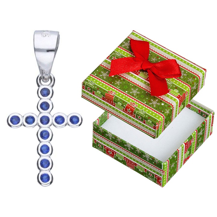 Pandantiv argintiu in forma de cruce cu zirconii, Siju, 24x9,5mm, set cu cutie de cadou