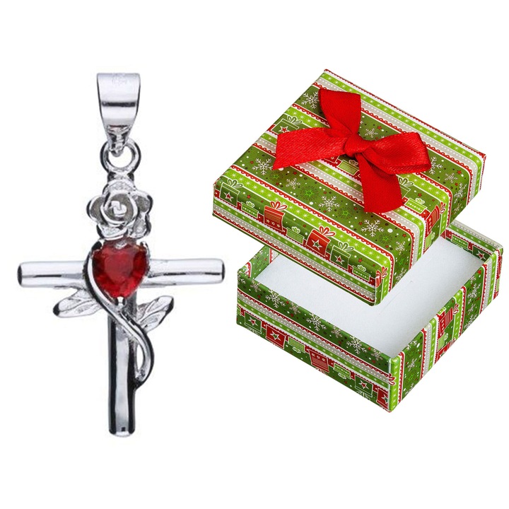 Pandantiv argintiu in forma de cruce cu zirconiu rosu, Siju, 27x15mm, set cu cutie de cadou