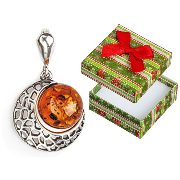 Pandantiv argintiu oxidat cu chihlimbar, model P5Z1251, set cu cutie de cadou, 27x16mm, culoare brown (coniac)