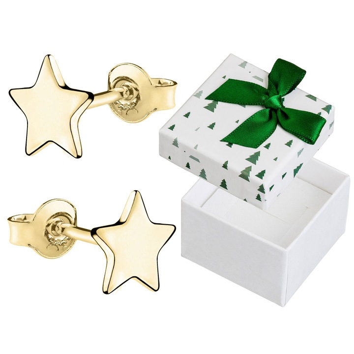 Cercei din argint 925 placati cu aur, Siju, model cu stea, 4,5mm, set cu cutie cadou