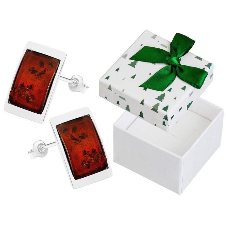 Cercei din argint cu chihlimbar visiniu, model dreptunghiular, set cu cutie cadou, Siju