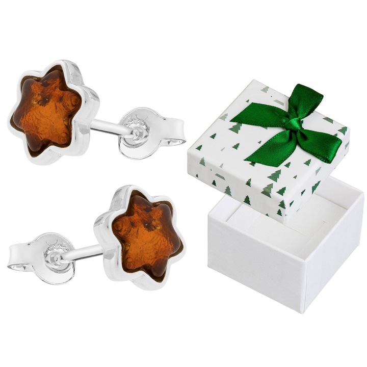 Cercei din argint 925 cu flori si chihlimbar coniac, set cu cutie cadou, 8x9mm