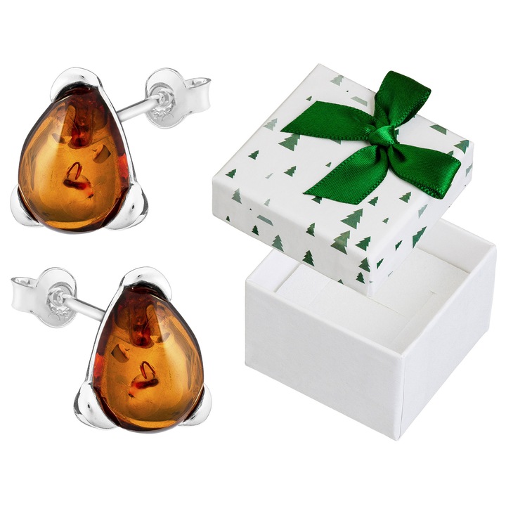 Cercei din argint cu chihlimbar, Siju, forma de picatura, 11x10mm, set cu cutie de cadou