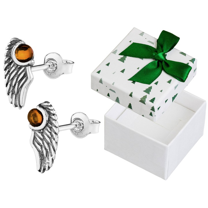 Cercei argintii cu model de aripi, Siju, cu piatra de chihlimbar, 925, oxidat, 12x6mm, set cu cutie de cadou