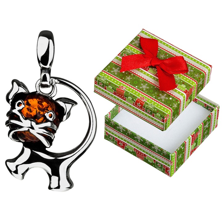 Pandantiv argintiu in forma de pisica cu chihlimbar, Siju, 24x15mm, set cu cutie cadou