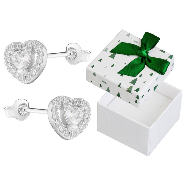 Cercei argintii in forma de inimioare cu zirconii, Siju, 7x8mm, set cu cutie de cadou