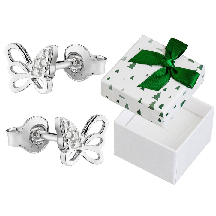 Set de cercei din argint 925, model fluturasi, argintiu, 7x8mm, cu cutie de cadou
