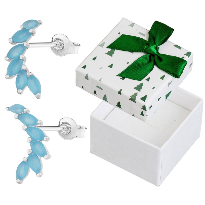 Cercei argintii cu zirconii, Siju, albastru, 13x7mm, set cu cutie de cadou