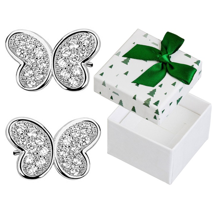 Cercei argintii cu fluturi si cristale, Siju, rodiati, 7x10mm, set cu cutie cadou