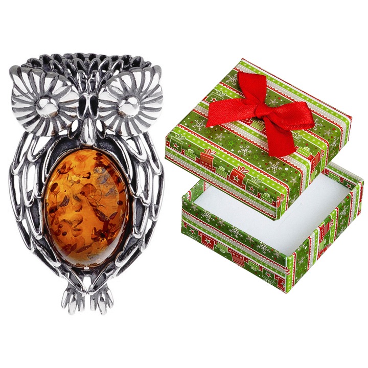 Pandantiv mare din argint cu forma de bufnita si chihlimbar, argint 925, set cu cutie de cadou