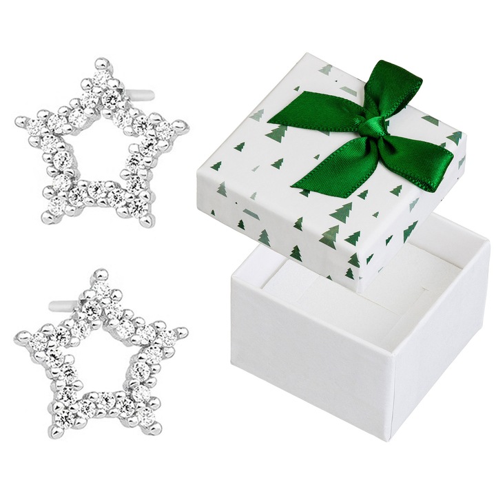 Cercei argintii cu stea si zirconii, Siju, 10x10mm, set cu cutie de cadou