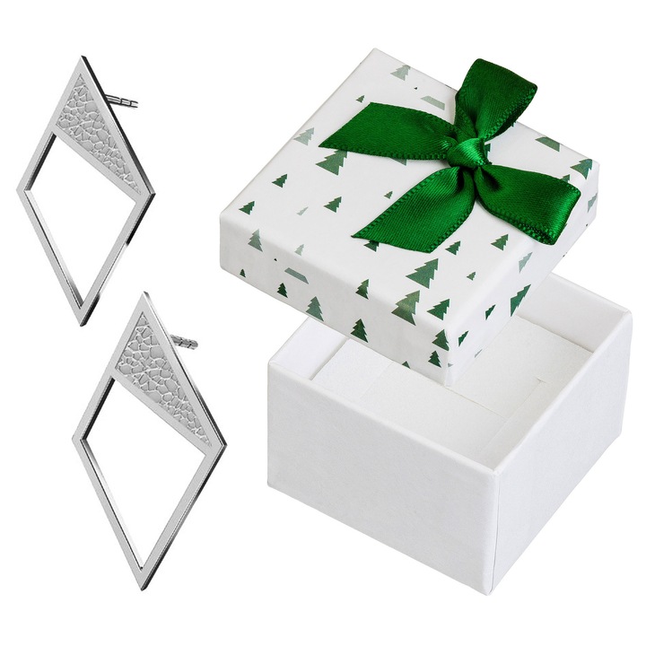 Cercei argintii rombici Siju, 19x11mm, set cu cutie cadou, fara piatra, argint 925