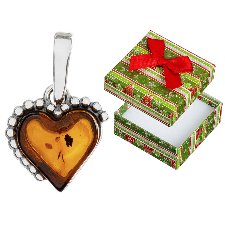 Pandantiv argintiu in forma de inima cu chihlimbar, Siju, argint 925, dimensiuni 21x13mm, set cu cutie de cadou