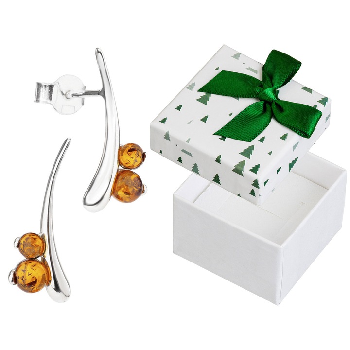 Cercei din argint 925 cu chihlimbar, set cu cutie de cadou, Siju, 19x8mm, hipoalergenici