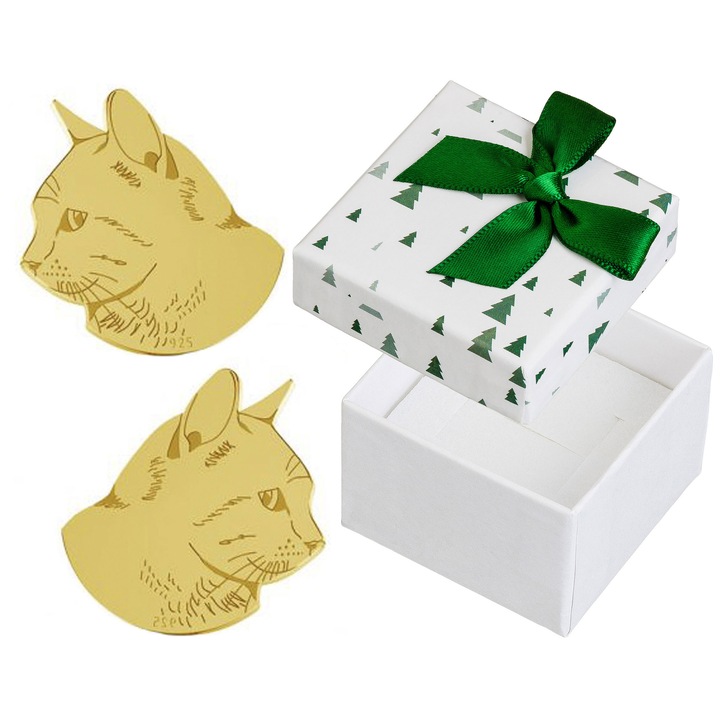 Cercei Siju, forma cap de pisica, argint 925 placat cu aur, 12x10mm, set cu ambalaj cadou