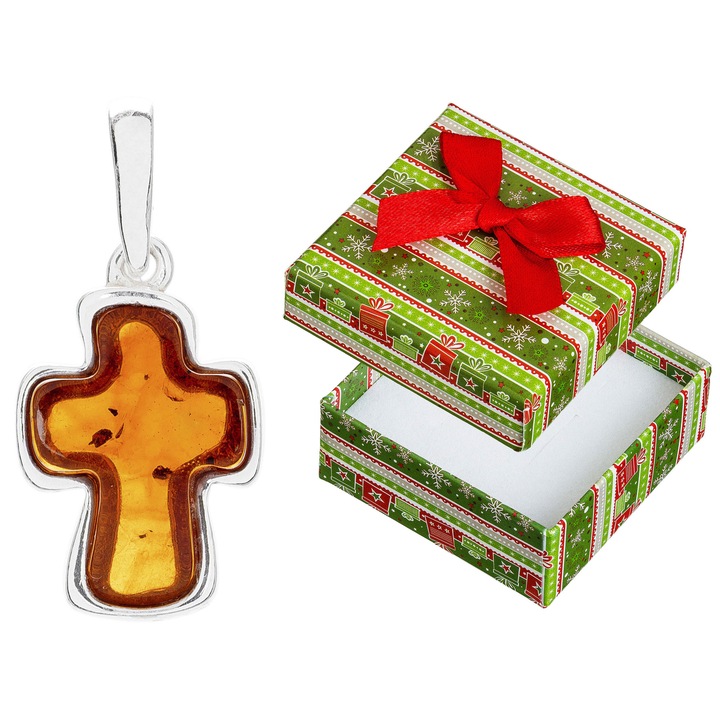 Cercei din argint cu cruce din chihlimbar, Siju, hipoalergenici, 28x13mm, set cu cutie de cadou