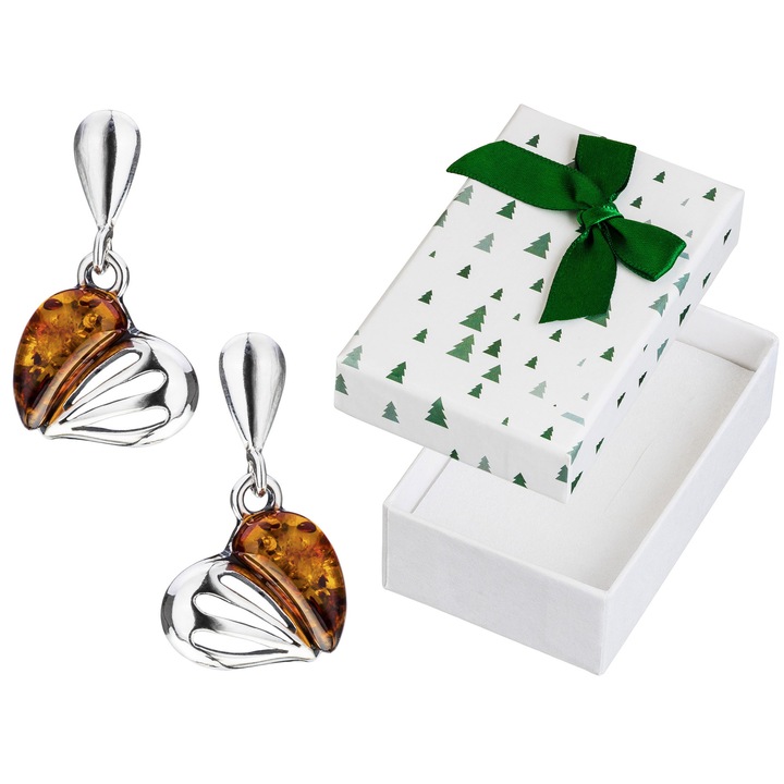 Cercei din argint 925 cu chihlimbar, model inimioare, set cu cutie cadou, 22mm
