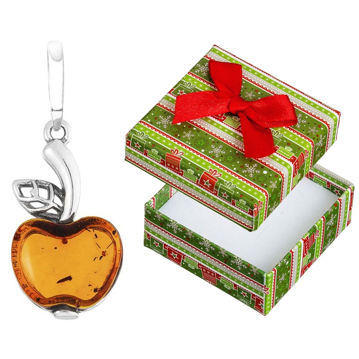 Pandantiv argintiu in forma de mar cu chihlimbar, Siju, 925, dimensiuni 36x15mm, set cu cutie cadou