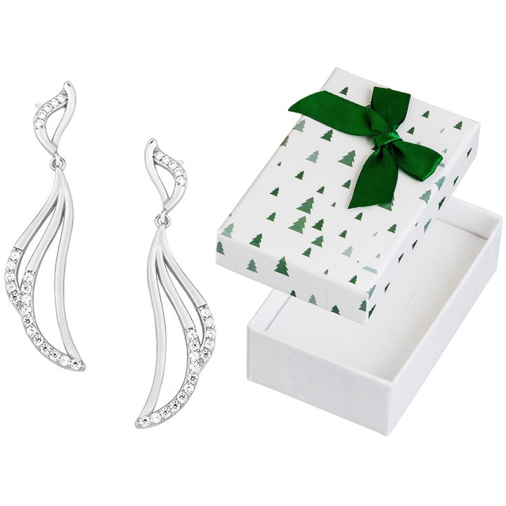Cercei lungi din argint 925 cu zirconii, rodinati, set cu cutie cadou, 51x12mm