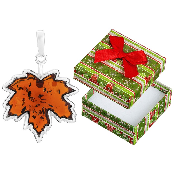 Pandantiv din argint cu chihlimbar in forma de frunza de artar, set cu cutie de cadou, 39x26mm