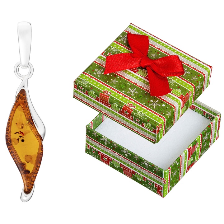 Pandantiv din argint cu chihlimbar, Siju, set cu cutie de cadou, culoare chihlimbar, dimensiuni 20x7mm, 35mm inaltime