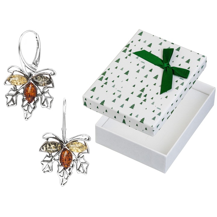 Cercei din argint cu chihlimbar in forma de frunze, Siju, argint 925, hipoalergenici, set cu cutie de cadou