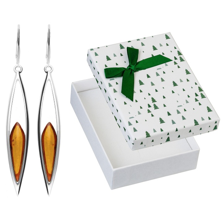 Cercei lungi din argint cu chihlimbar, Siju, set cu cutie de cadou, 68x10mm, hipoalergenici