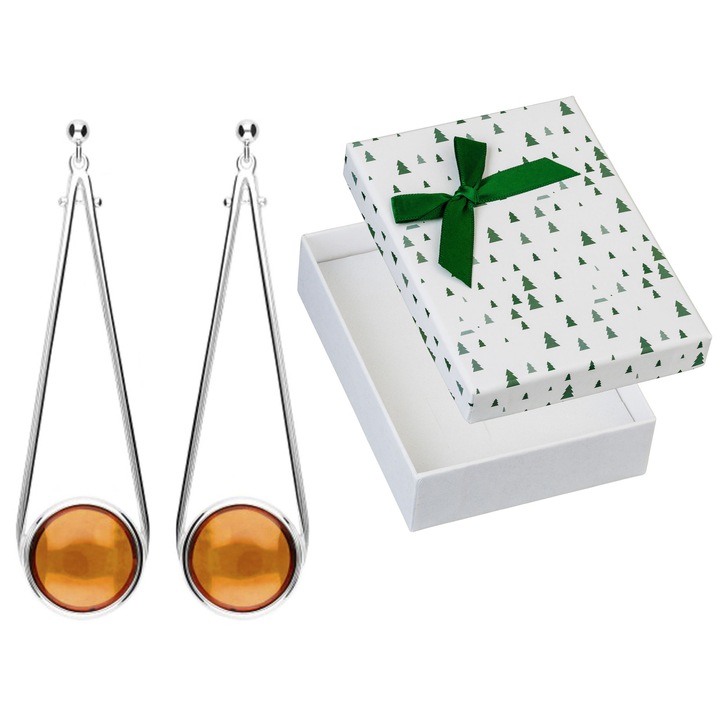 Cercei lungi din argint 925 cu chihlimbar, set cu cutie de cadou, 72x20mm, culoare brown (coniac)
