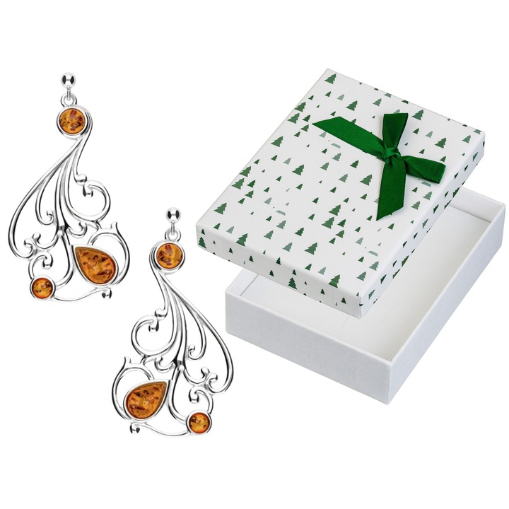 Cercei din argint 925 cu chihlimbar, set cu cutie cadou, 48x25mm, culoare brown (coniac)