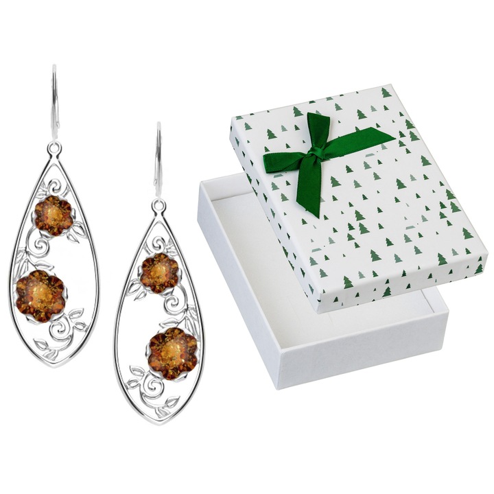 Cercei argintii cu chihlimbar, Siju, model P4K1623, 63x19mm, set cu cutie cadou