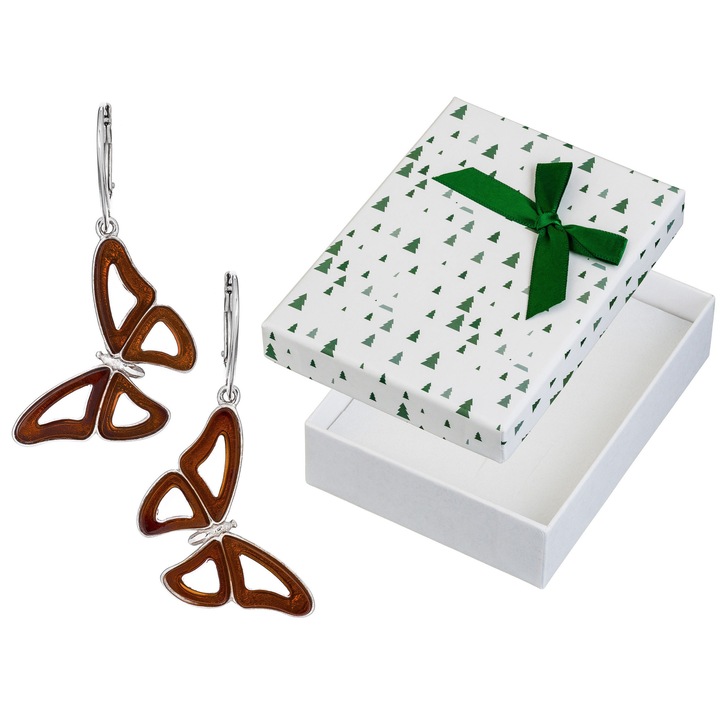 Cercei din argint 925 cu fluturi si chihlimbar, set cu cutie de cadou, 45x23mm, culoare bruna (coniac)