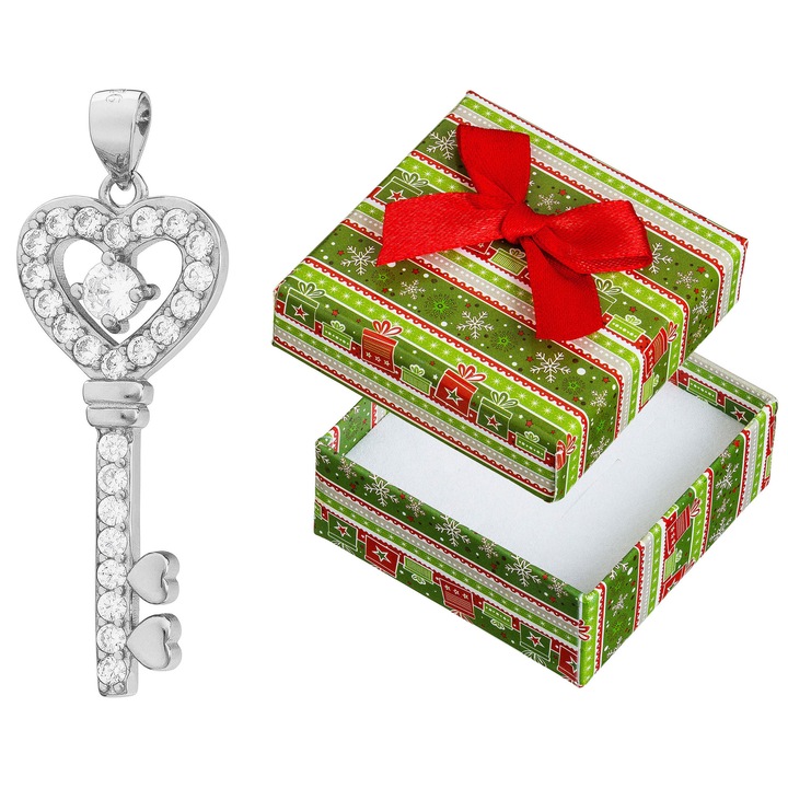 Pandantiv argintiu in forma de cheie cu zirconii, Siju, 925, 36x13mm, set cu cutie de cadou